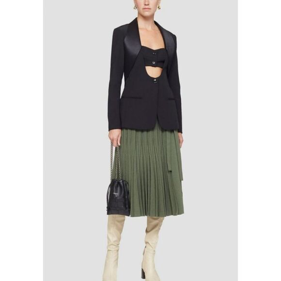 3.1 Phillip Lim Wool Blend Pleated Tie Waist A-Line Skirt in Army Green - Picture 1 of 11